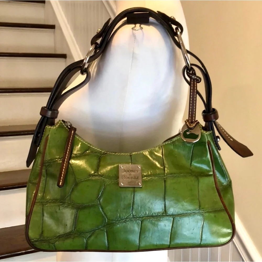 DOONEY BOURKE Green Croc Embossed Leather Hobo Shoulder Bag Top Zip Closure